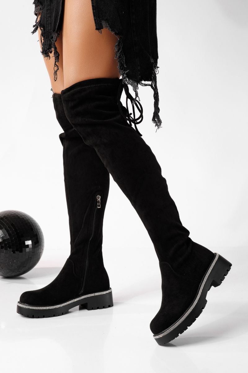 Дълги дамски чизми ватирани черни от обърната еко кожа Marina #22714