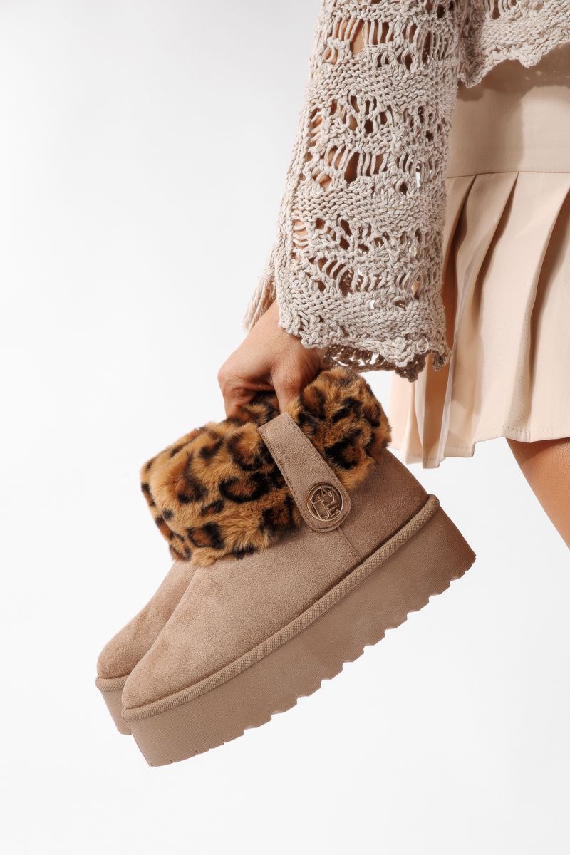 Ниски дамски чизми подплатени с пух тип UGG каки от обърната еко кожа Beatrice#22760