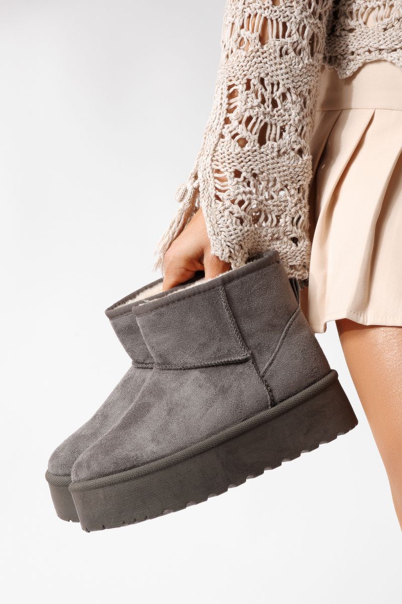 Ниски дамски чизми подплатени с пух тип UGG сиви от обърната еко кожа Ariana #22752