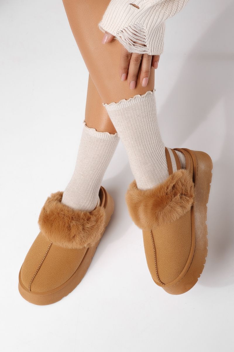 Дамски боти подплатени с пух тип UGG кафяви от обърната еко кожа Despina #22905