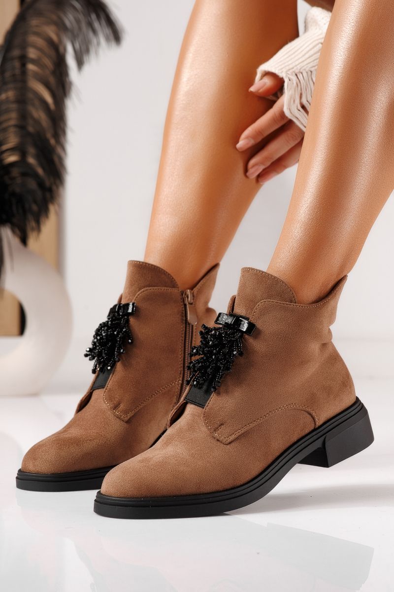 Дамски боти подплатени с пух каки от обърната еко кожа Jade #23053