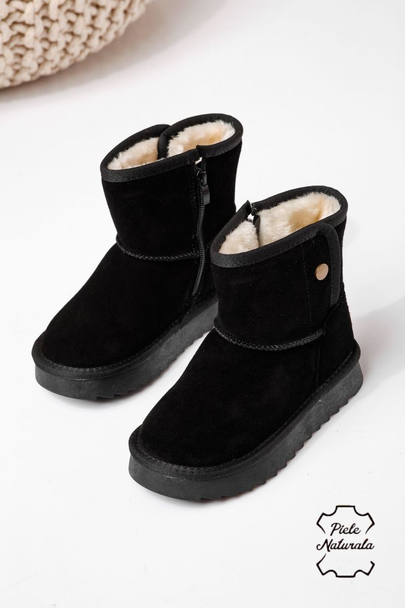 Боти за момичета подплатени с пух черни  от обърната естествена кожа Alis #22996