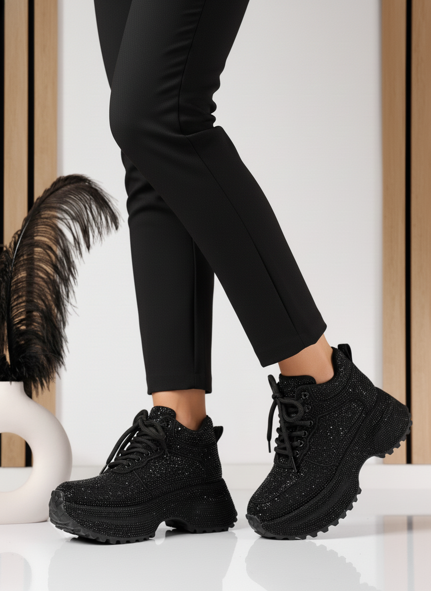 Спортни дамски боти подплатени с пух черни от обърната еко кожа Miriam #23030