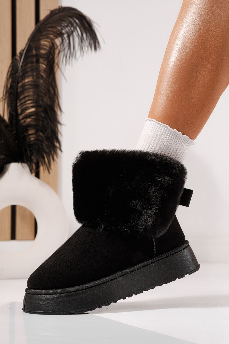 Дамски къси чизми подплатени с пух тип UGG черни от обърната еко кожа Beatrice #23067