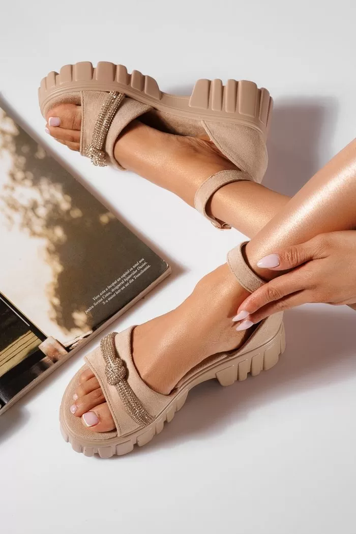 Дамски сандали с платформа бежови от обърната еко кожа Adela #21437