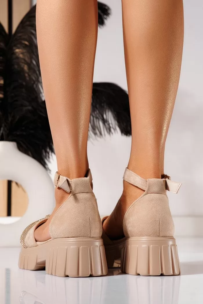 Дамски сандали с платформа бежови от обърната еко кожа Adela #21437