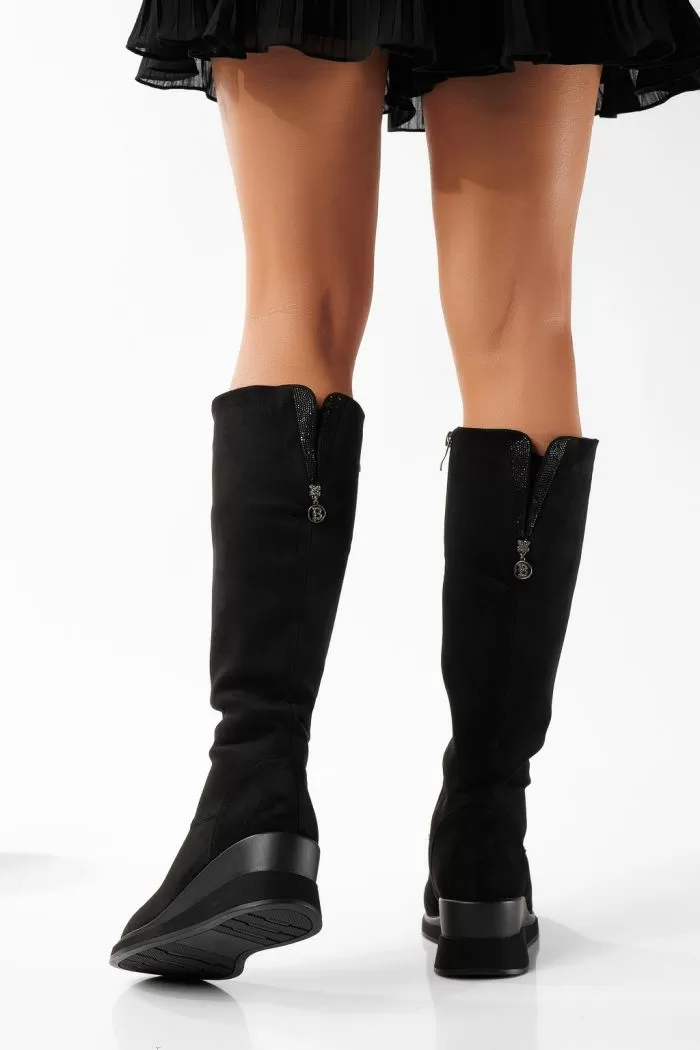 Къси дамски чизми подплатени с пух черни от обърната еко кожа Jackie #22866