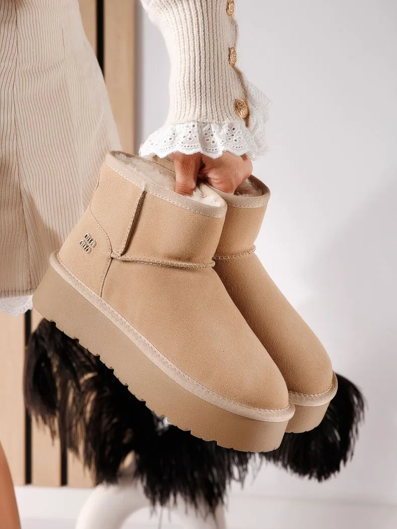 Дамски къси чизми подплатени с пух тип UGG каки от обърната естествена кожа Gloria #30630