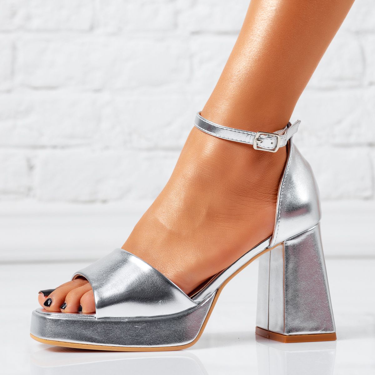 Sandale Dama cu Toc Nera Argintii #14915