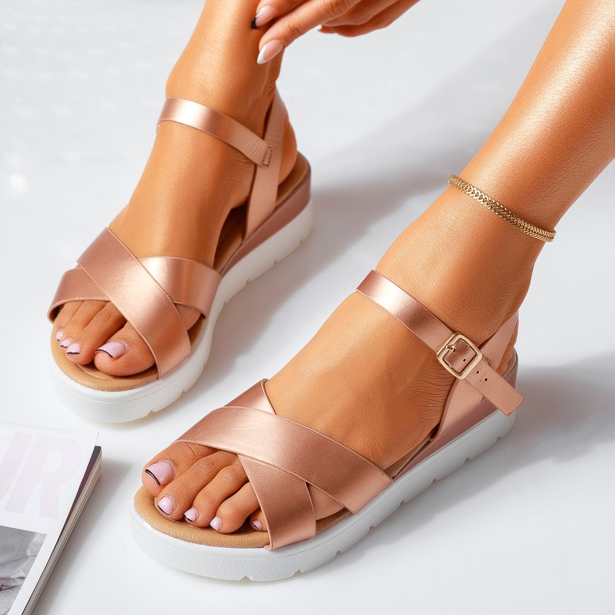 Sandale Dama cu Platforma Walle Roz/Aurii #15126
