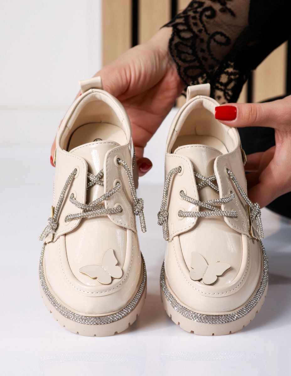 Pantofi casual copii bej din piele ecologica lacuita Chroma #18577