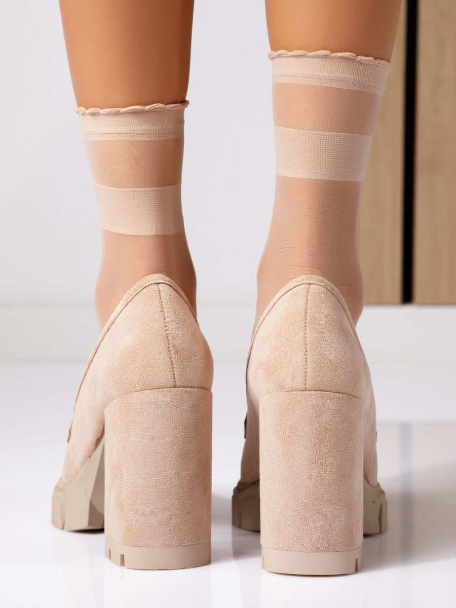 Дамски обувки с ток бежови от обърната еко кожа Ava #18735