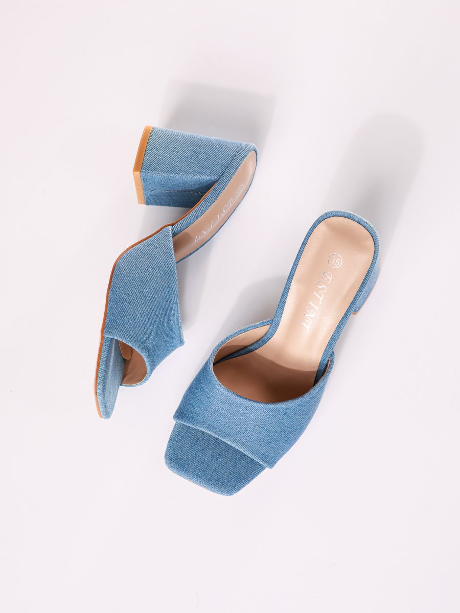 Papuci cu toc dama albastri din satin Lexie #19006