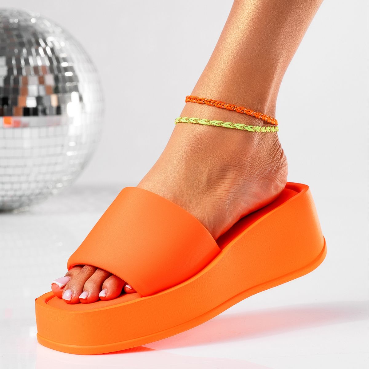 Дамски чехли с платформа оранжеви от текстилен материал Tania #19412