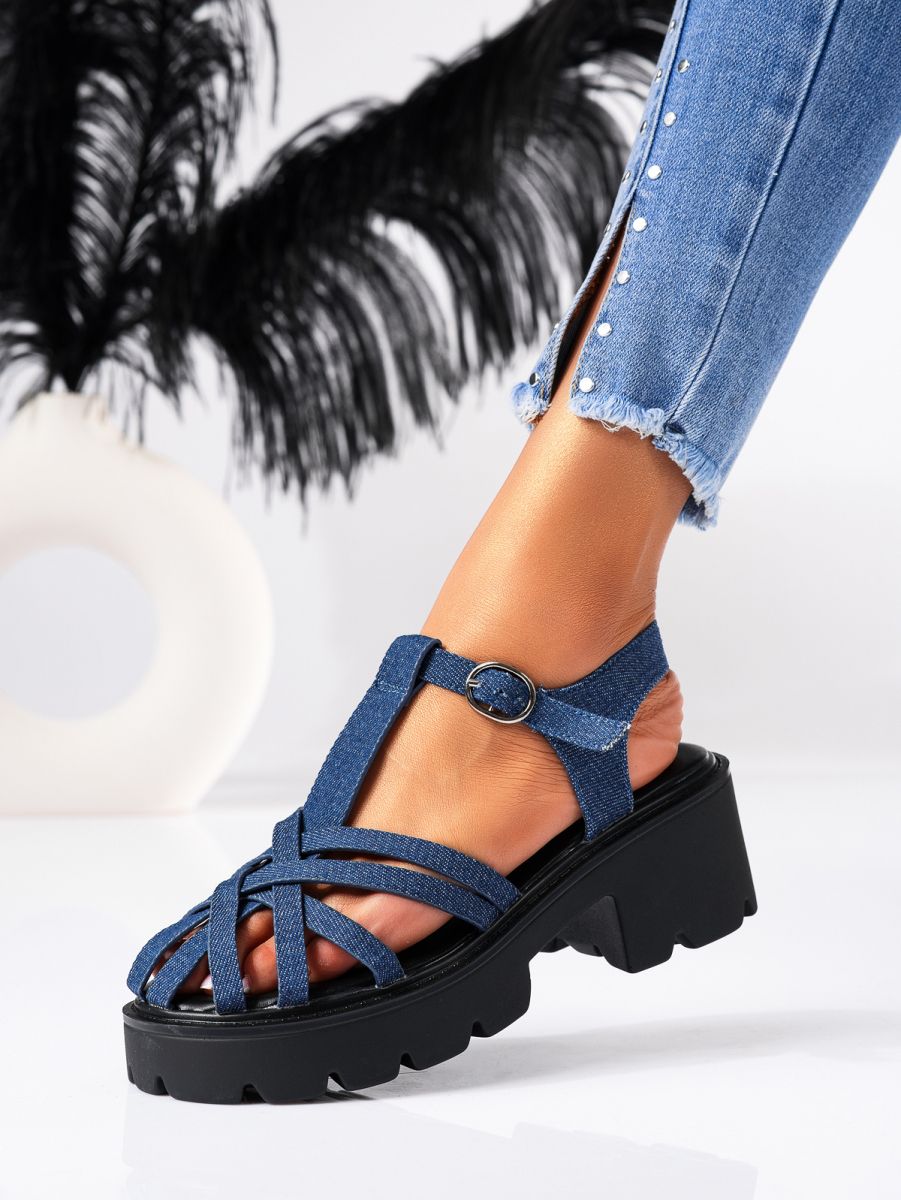 Дамски сандали с платформа сини от текстилен материал Dalia #19498