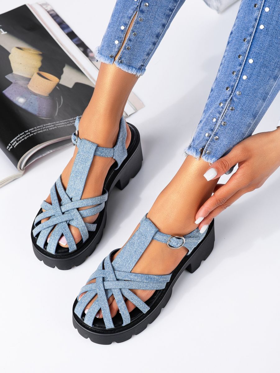 Дамски сандали с платформа сини от текстилен материал Dalia #19499