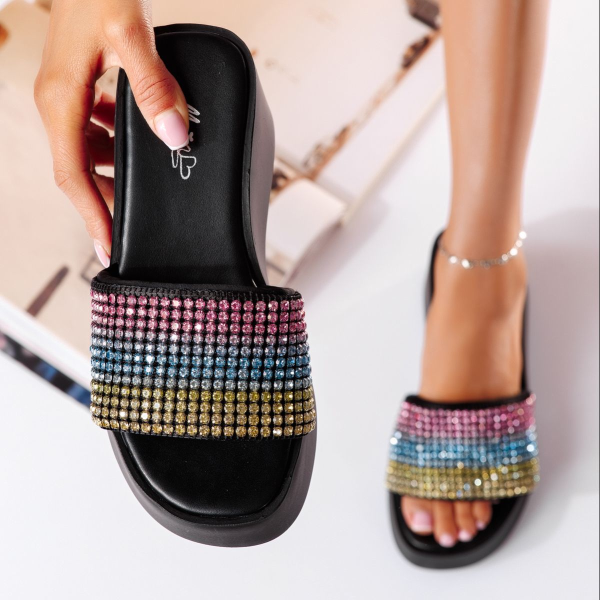 Дамски чехли с платформа многоцветни от текстилен материал Marisa #19840
