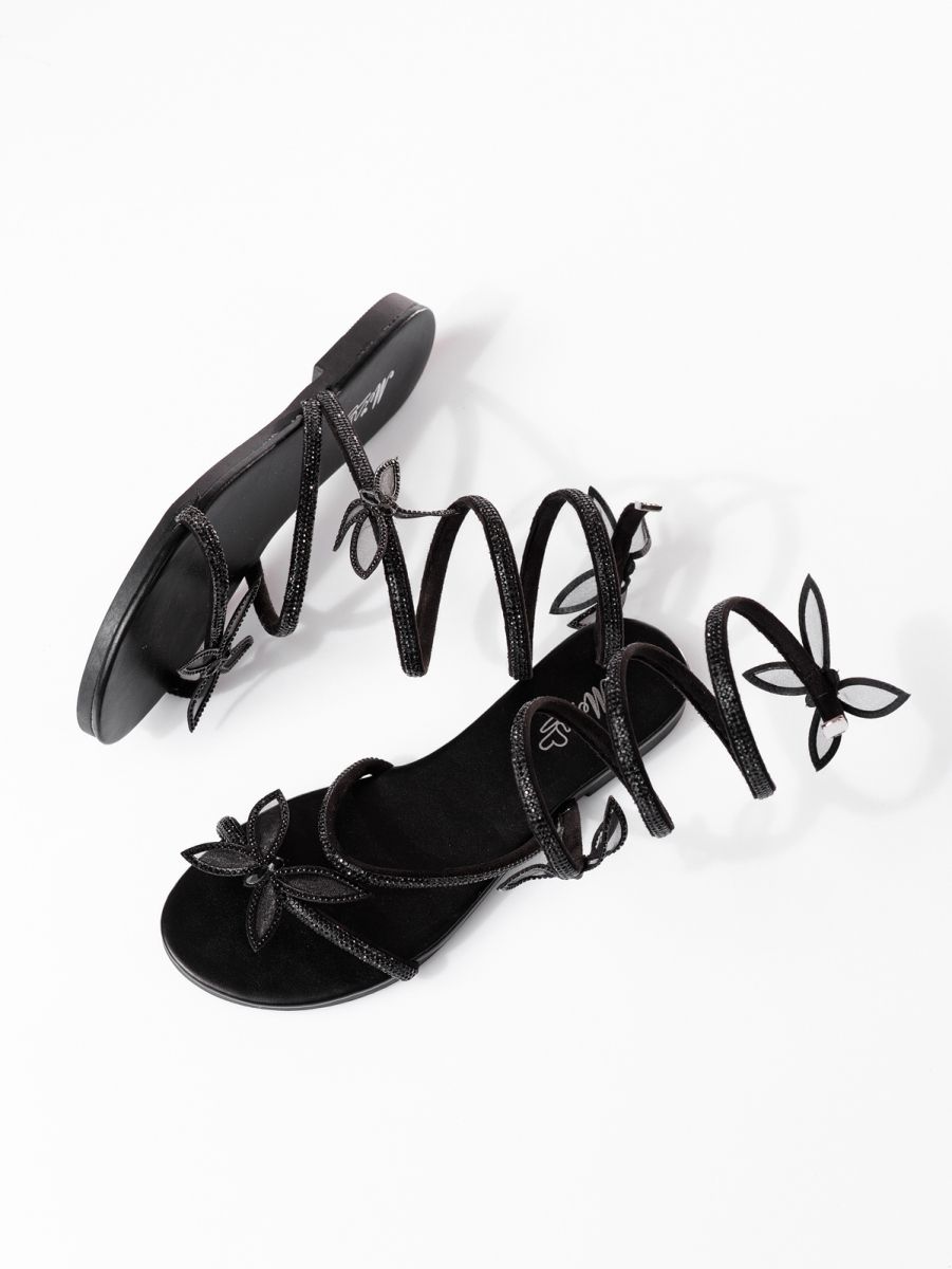 Дамски сандали с ниска подметка черни от обърната еко кожа Andreea2 #19820