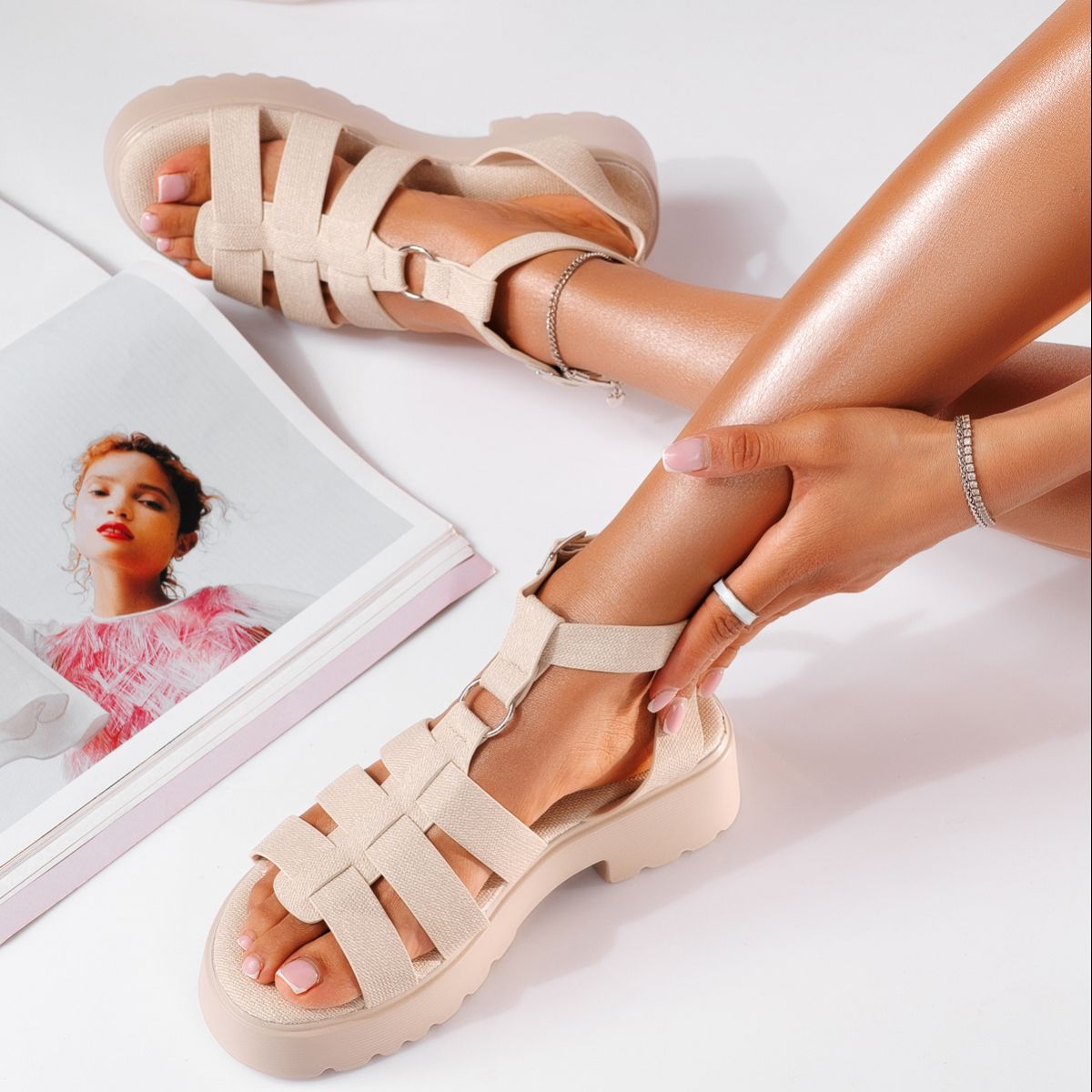 Дамски сандали с платформа бежови от еко кожа Estela #19818