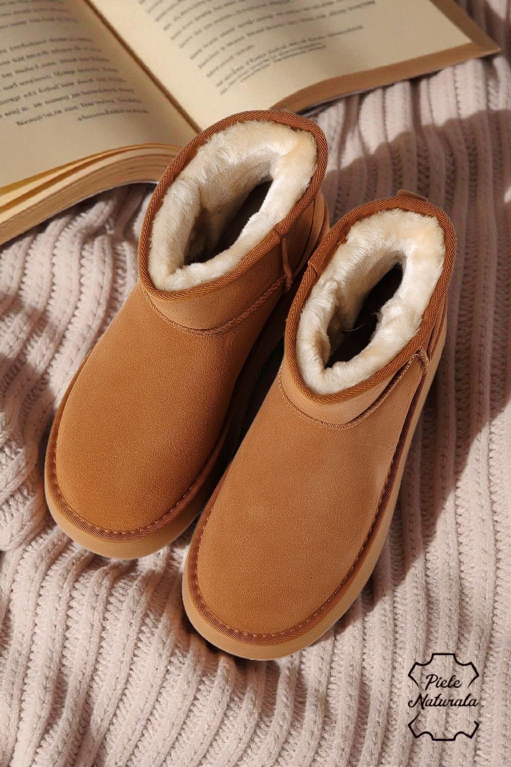 Дамски къси чизми подплатени с пух тип UGG кафяви от обърната естествена кожа Luiza #22878