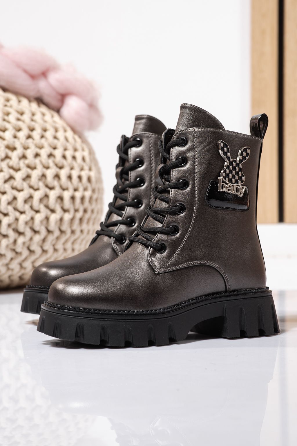 Боти за момичета подплатени с пух сиви от еко кожа Aris #23114