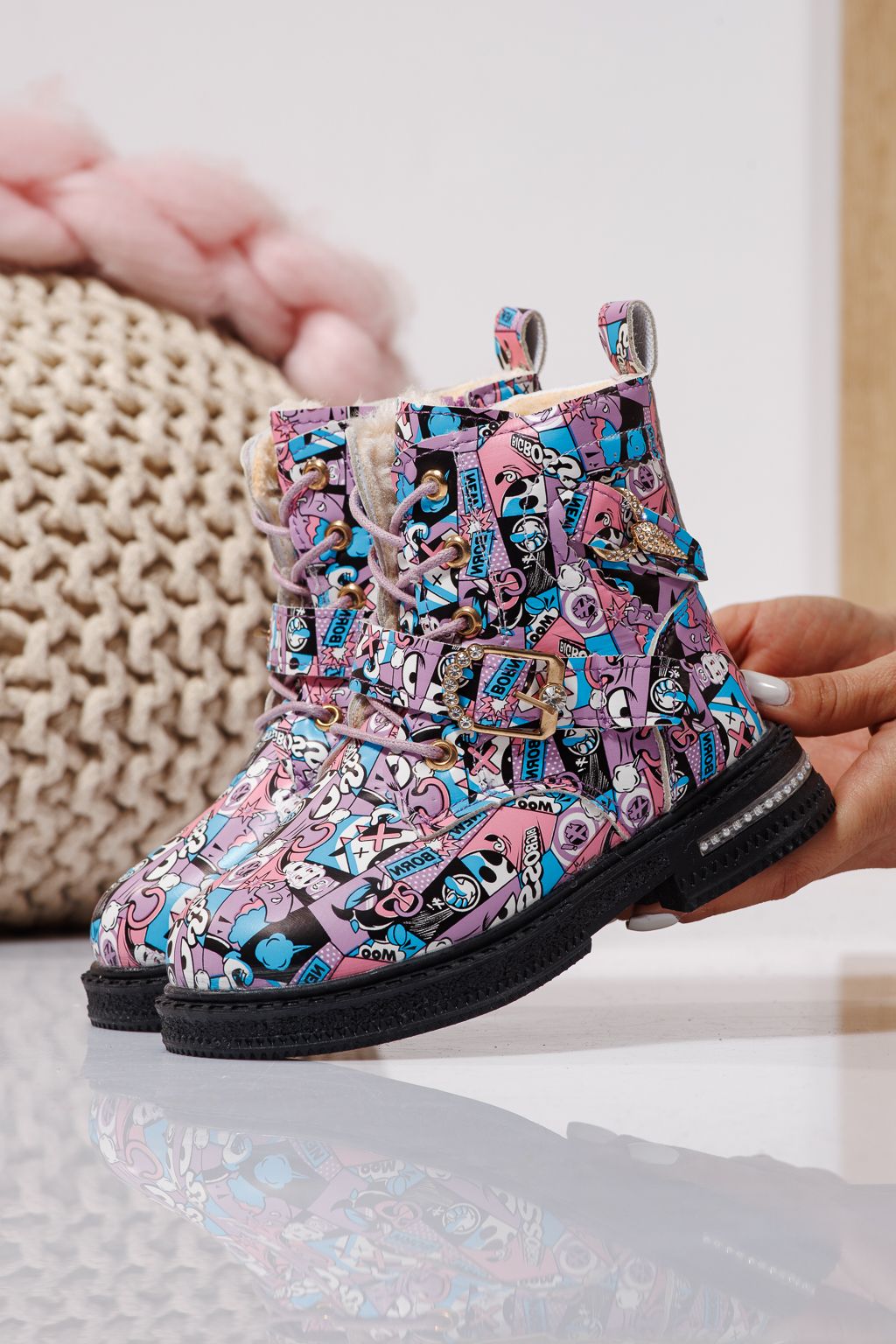 Боти за момичета подплатени с пух лилави от еко кожа Eliza #23129