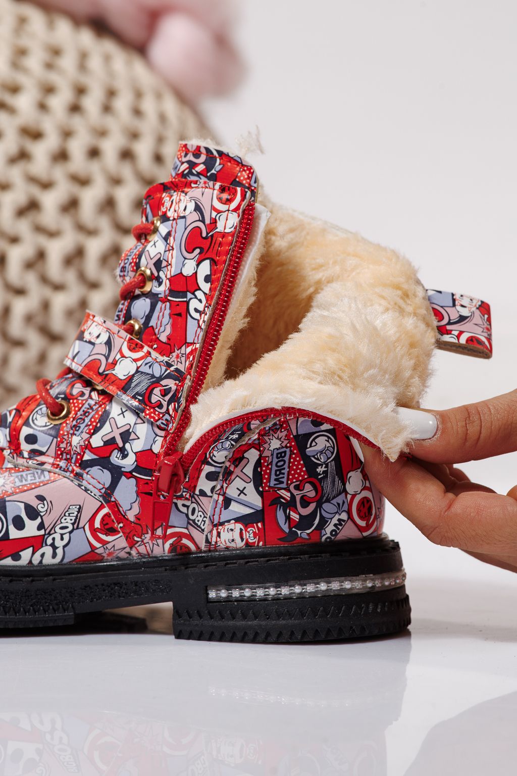 Боти за момичета подплатени с пух червен от еко кожа Eliza #23133