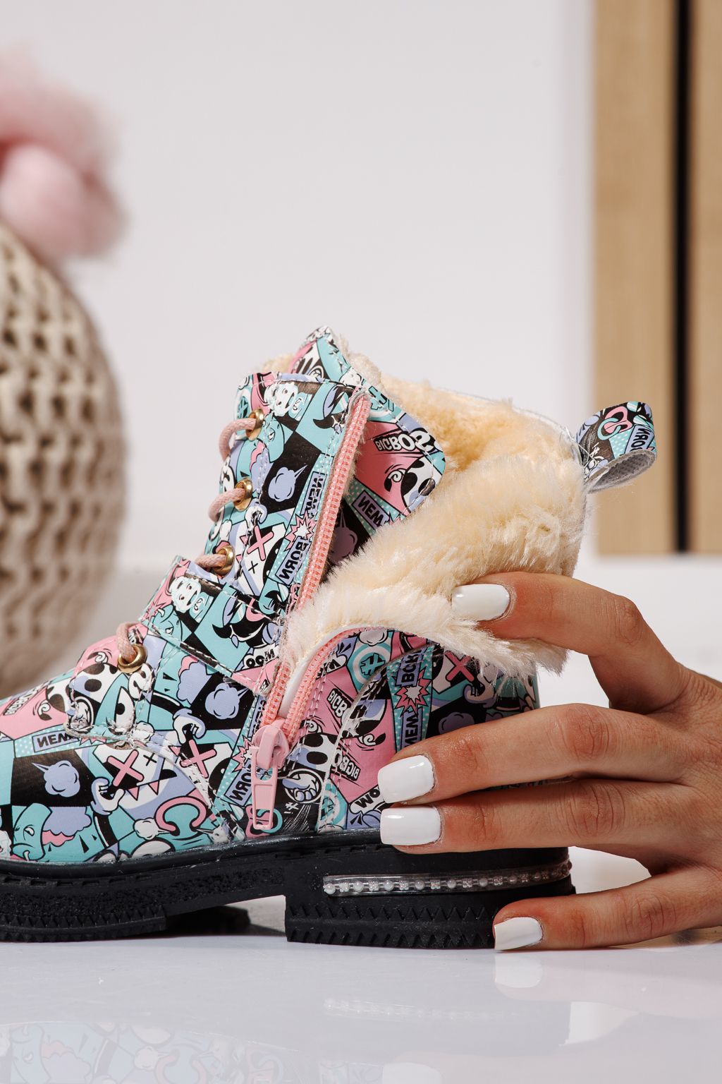 Боти за момичета подплатени с пух розов от еко кожа Eliza #23131