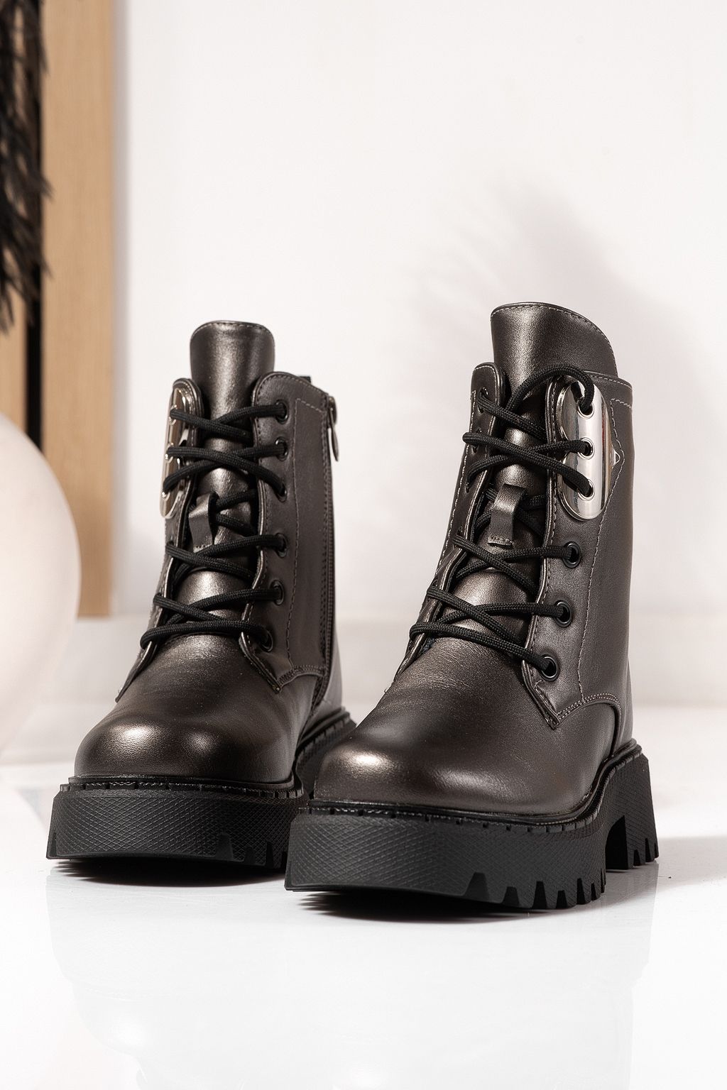 Сиви кожени ботуши за момиче от екокожа Алина #23179