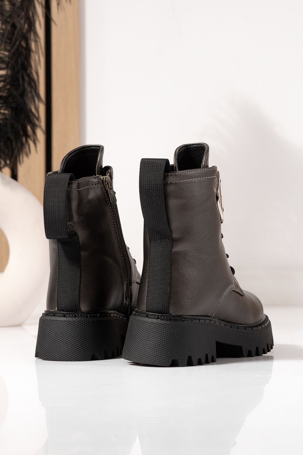 Сиви кожени ботуши за момиче от екокожа Алина #23179