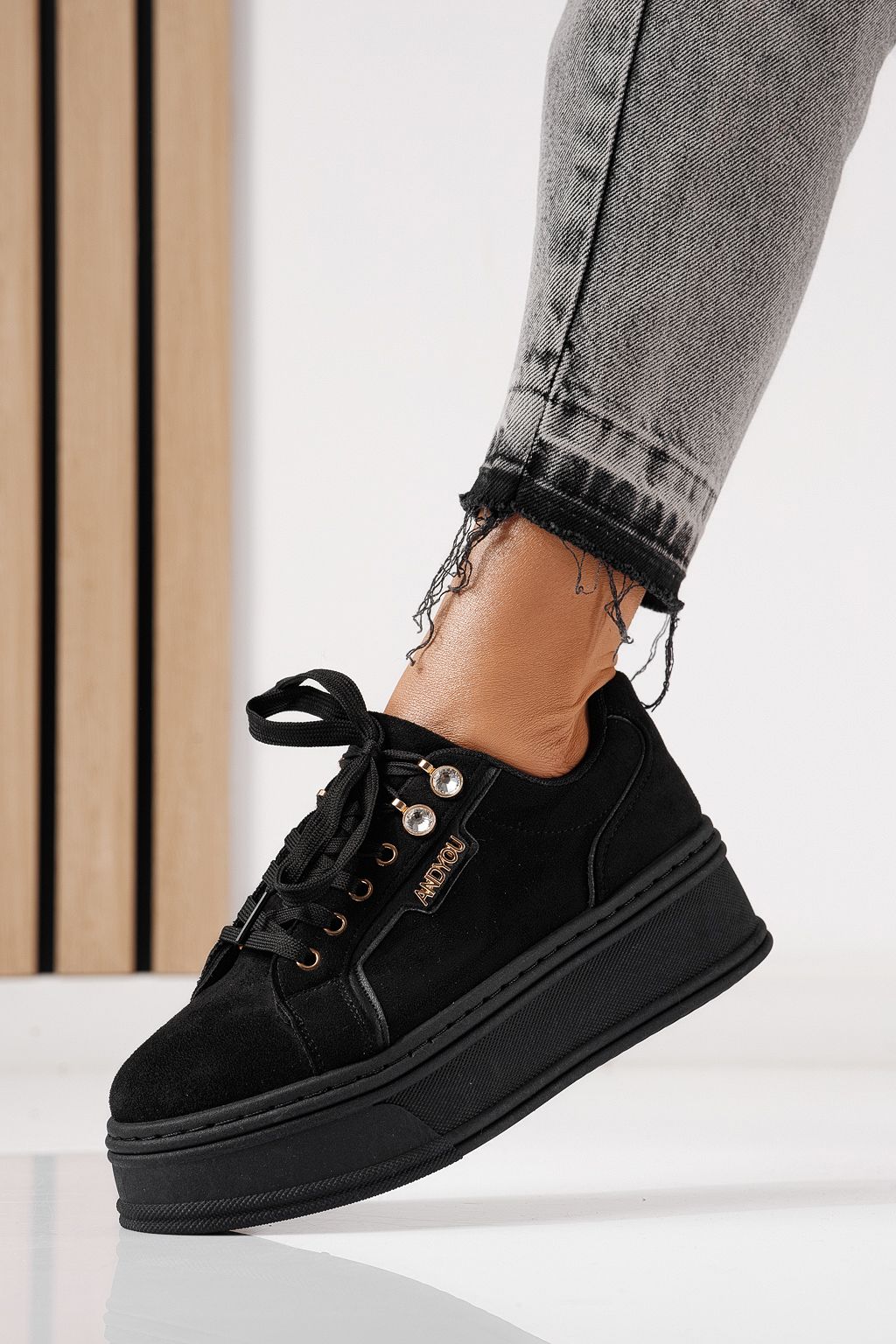 Дамски маратонки черни от обърната еко кожа Crina #24069