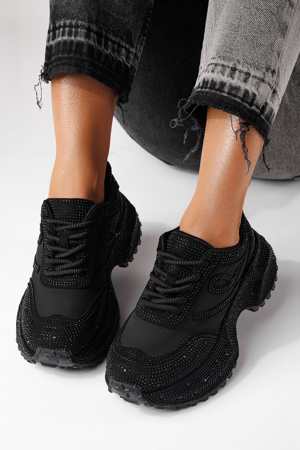 Дамски маратонки черни от обърната еко кожа Ioana #24110