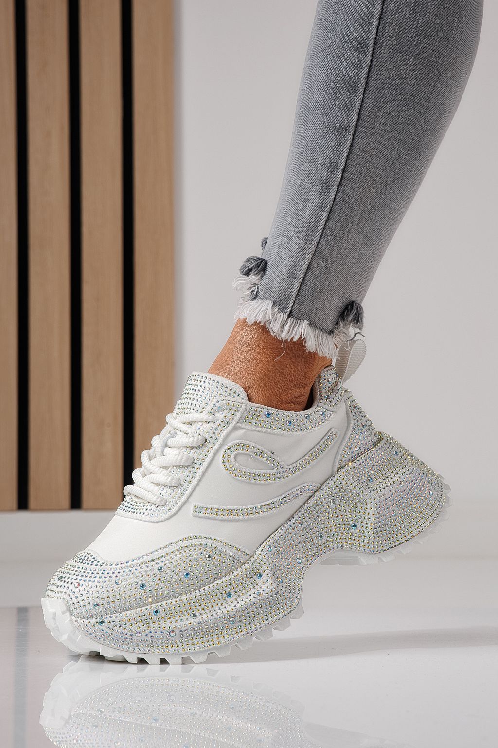 Дамски маратонки бели от обърната еко кожа Ioana #24111