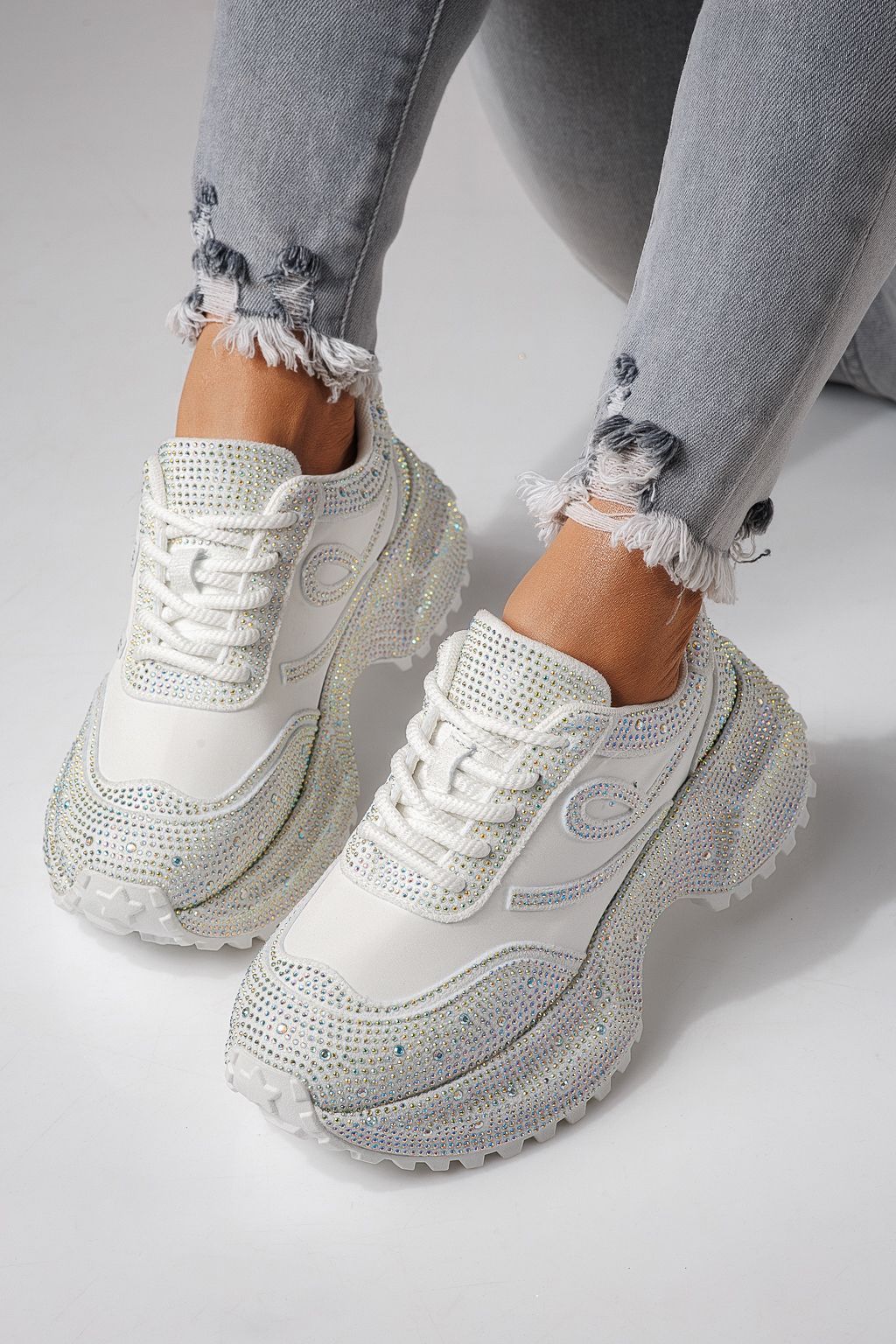 Дамски маратонки бели от обърната еко кожа Ioana #24111