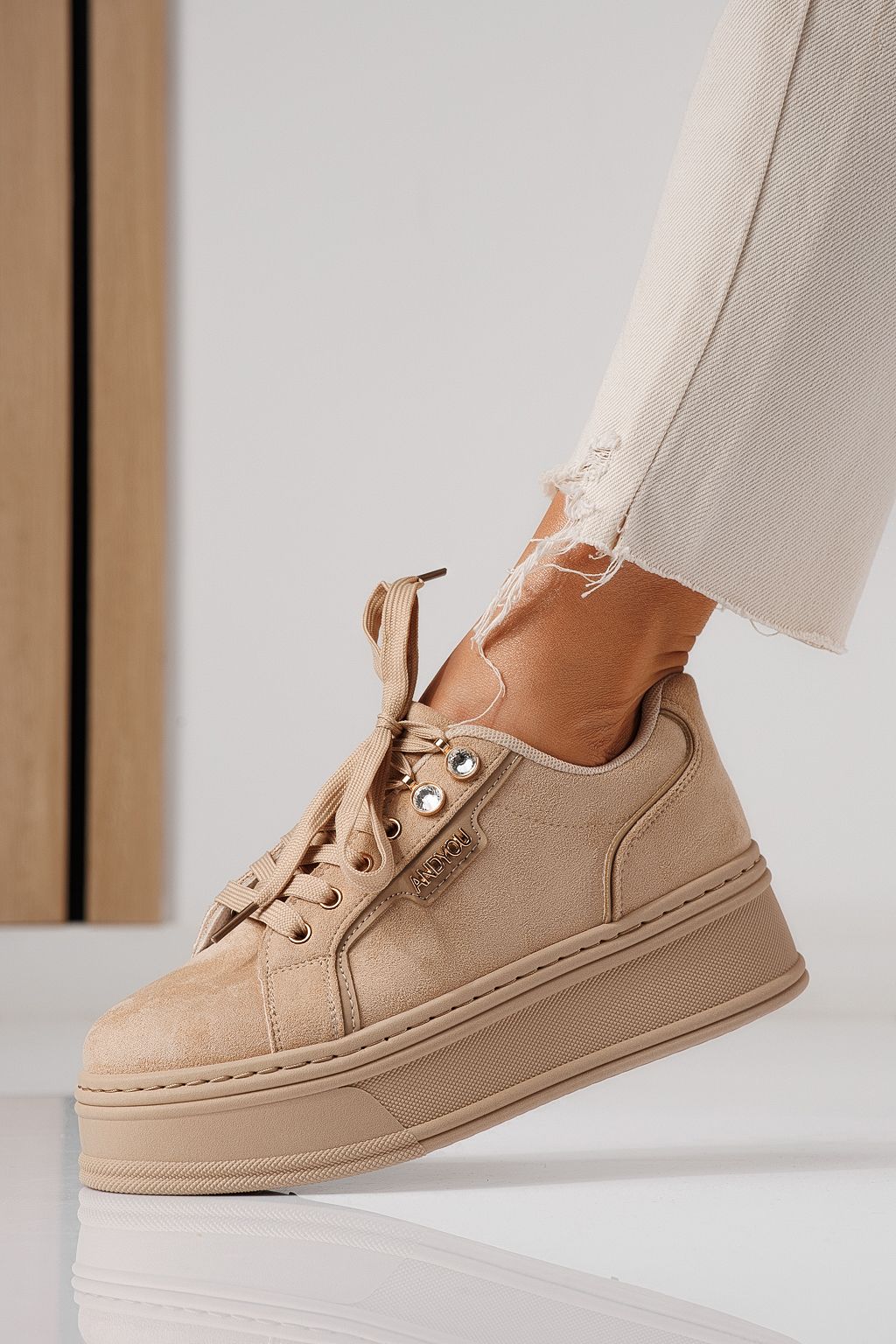 Дамски маратонки бежови от обърната еко кожа Crina #24070