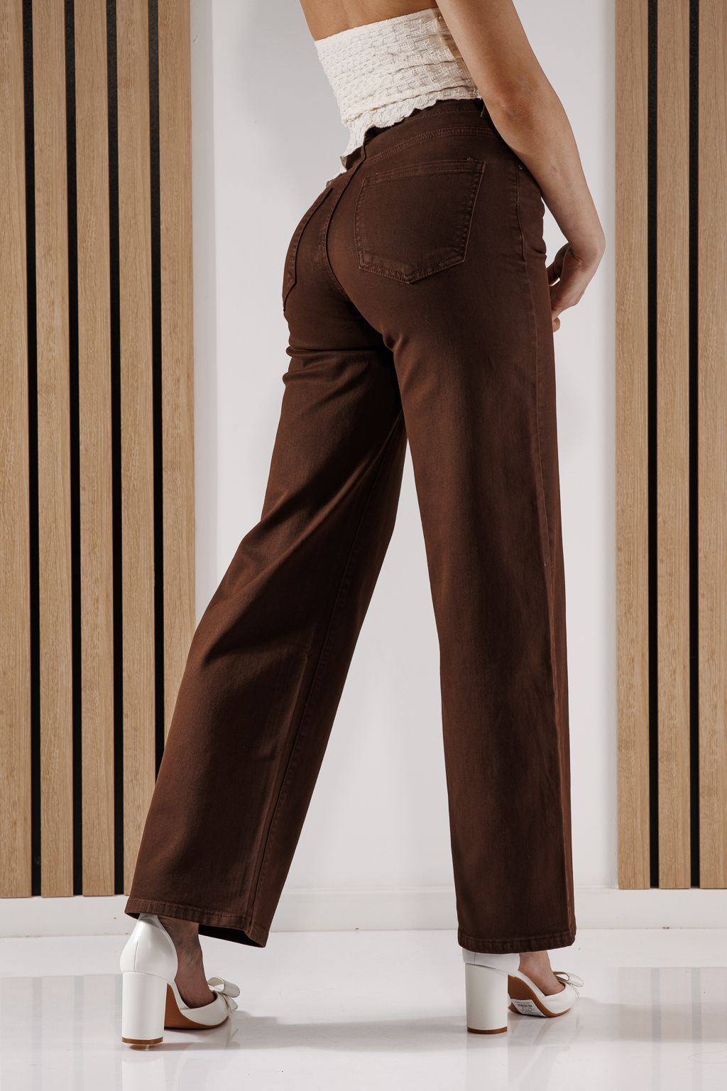 Дънки Wide Leg Дамски Ela кафяви #A1347