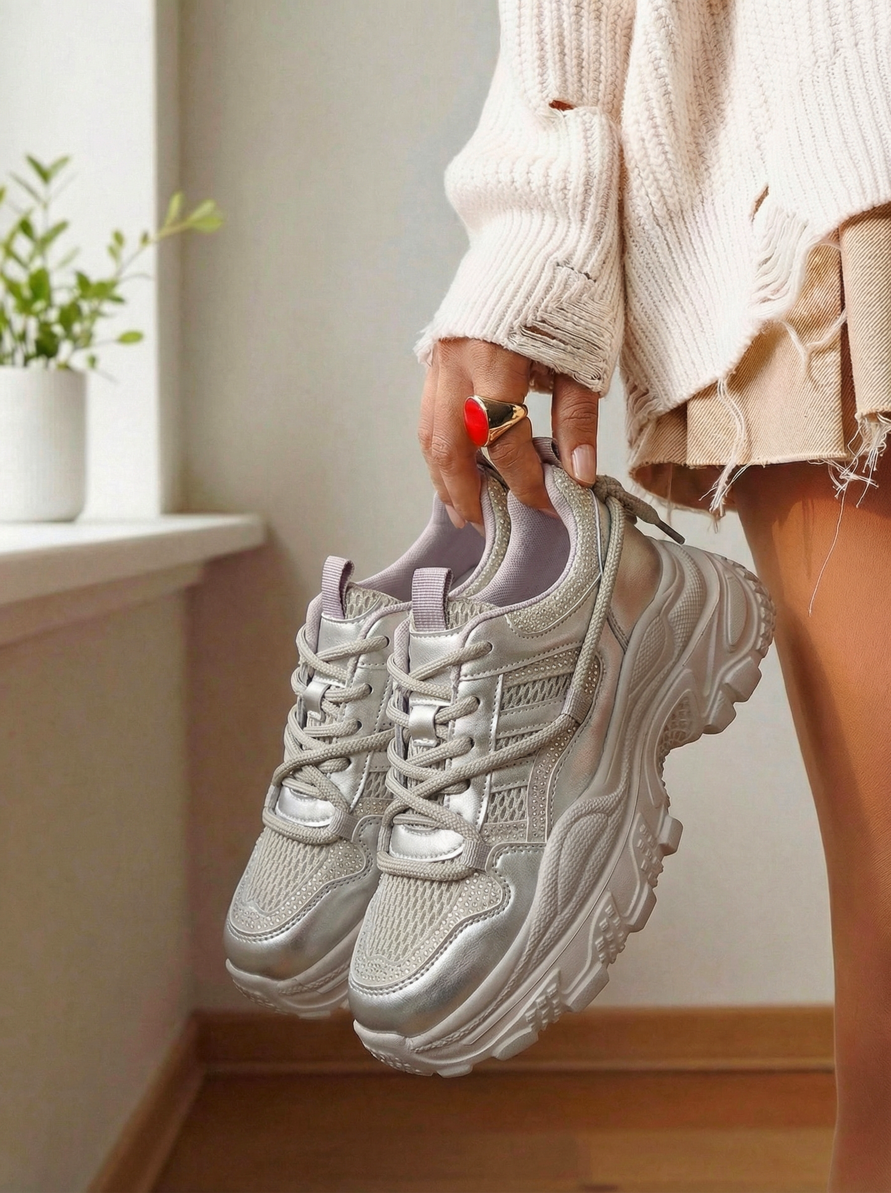 Дамски маратонки розово-златисти от текстилен материал Ianca #24515