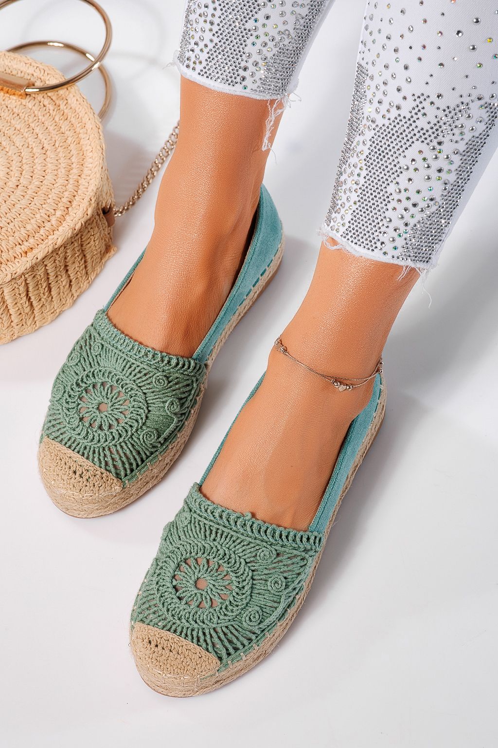 Дамски еспадрили зелени от обърната еко кожа  Emma #24541