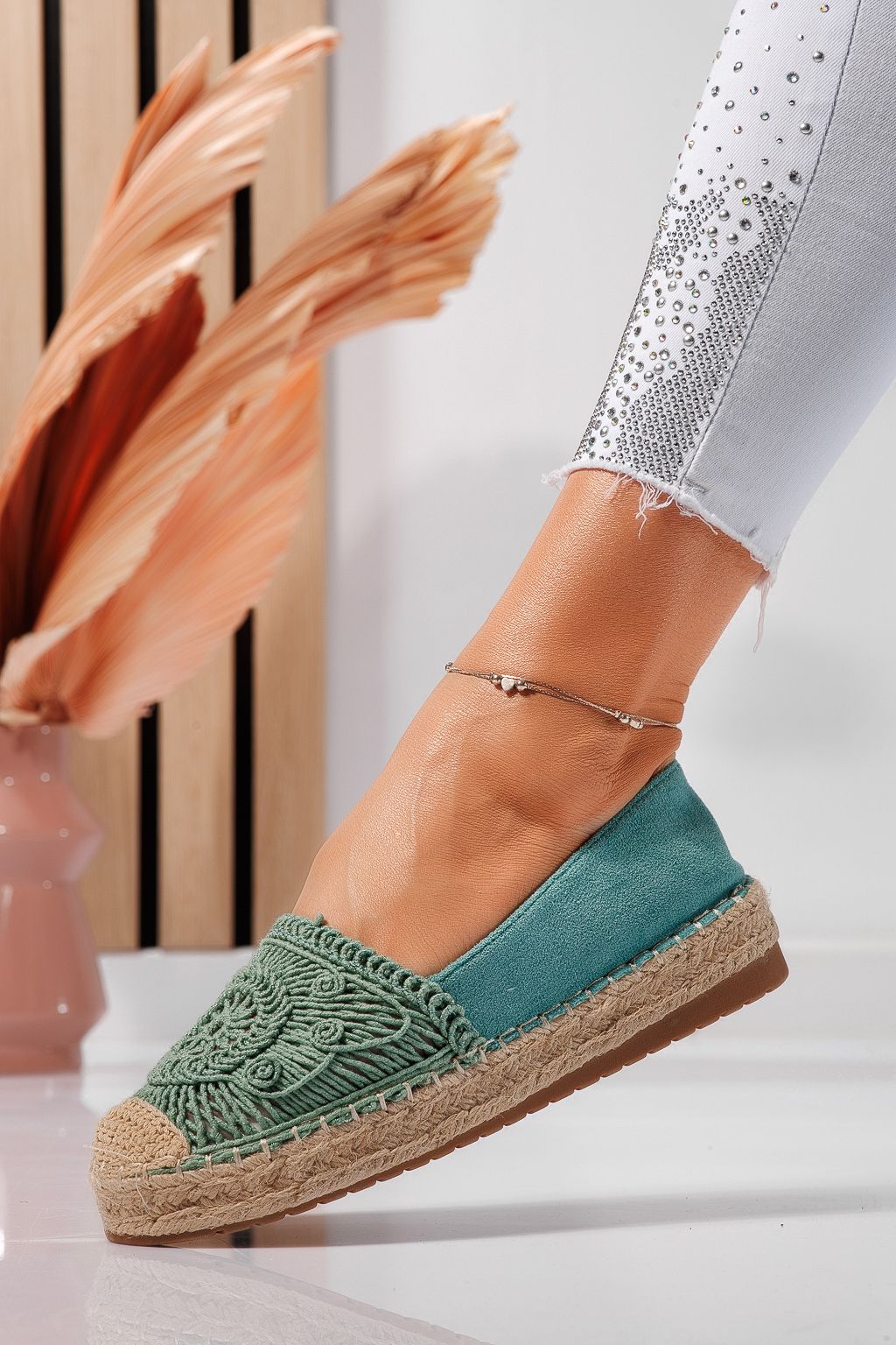 Дамски еспадрили зелени от обърната еко кожа  Emma #24541