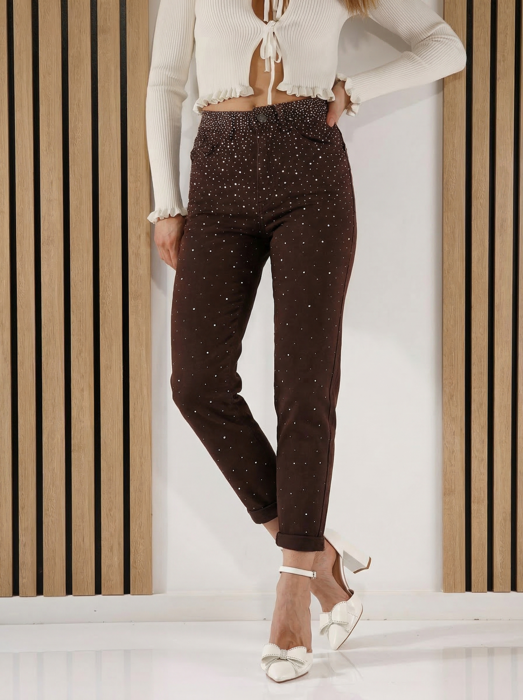 Дамски разкроени дънки Jenny кафяви #A1413