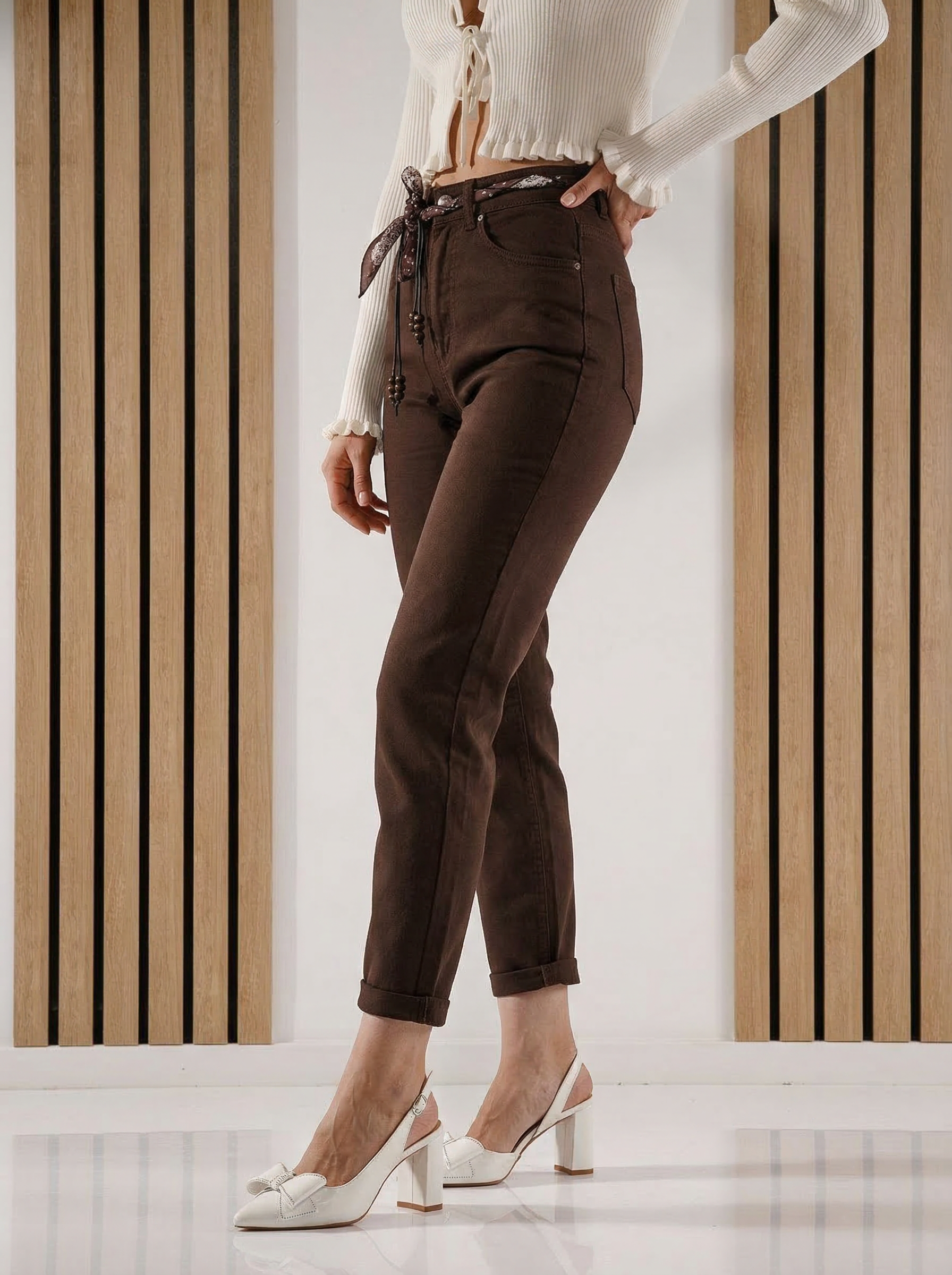 Дамски дънки с широка кройка Hannah кафяви #A1411