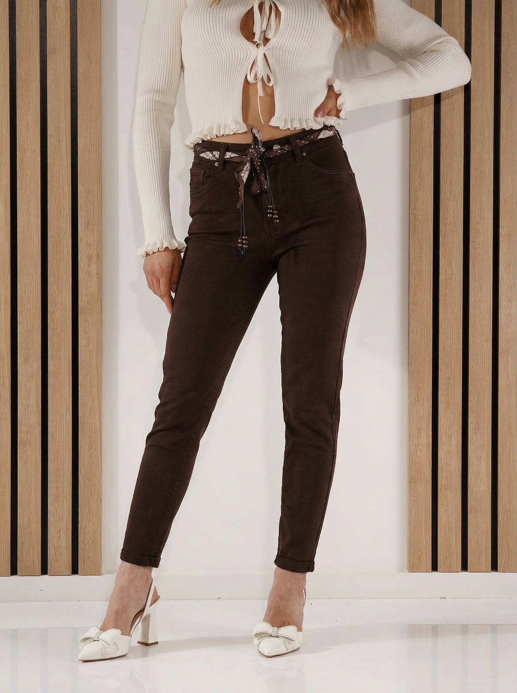 Дамски дънки с широка кройка Hannah кафяви #A1411