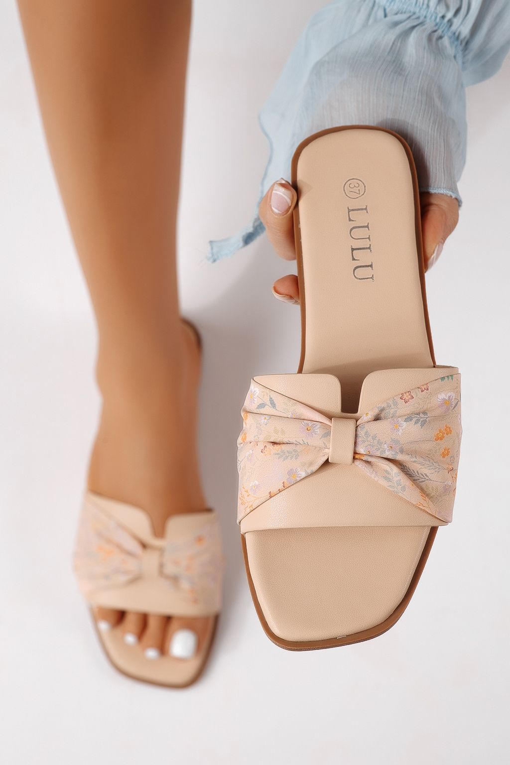 Дамски чехли бежови от обърната еко кожа Valeria #25056