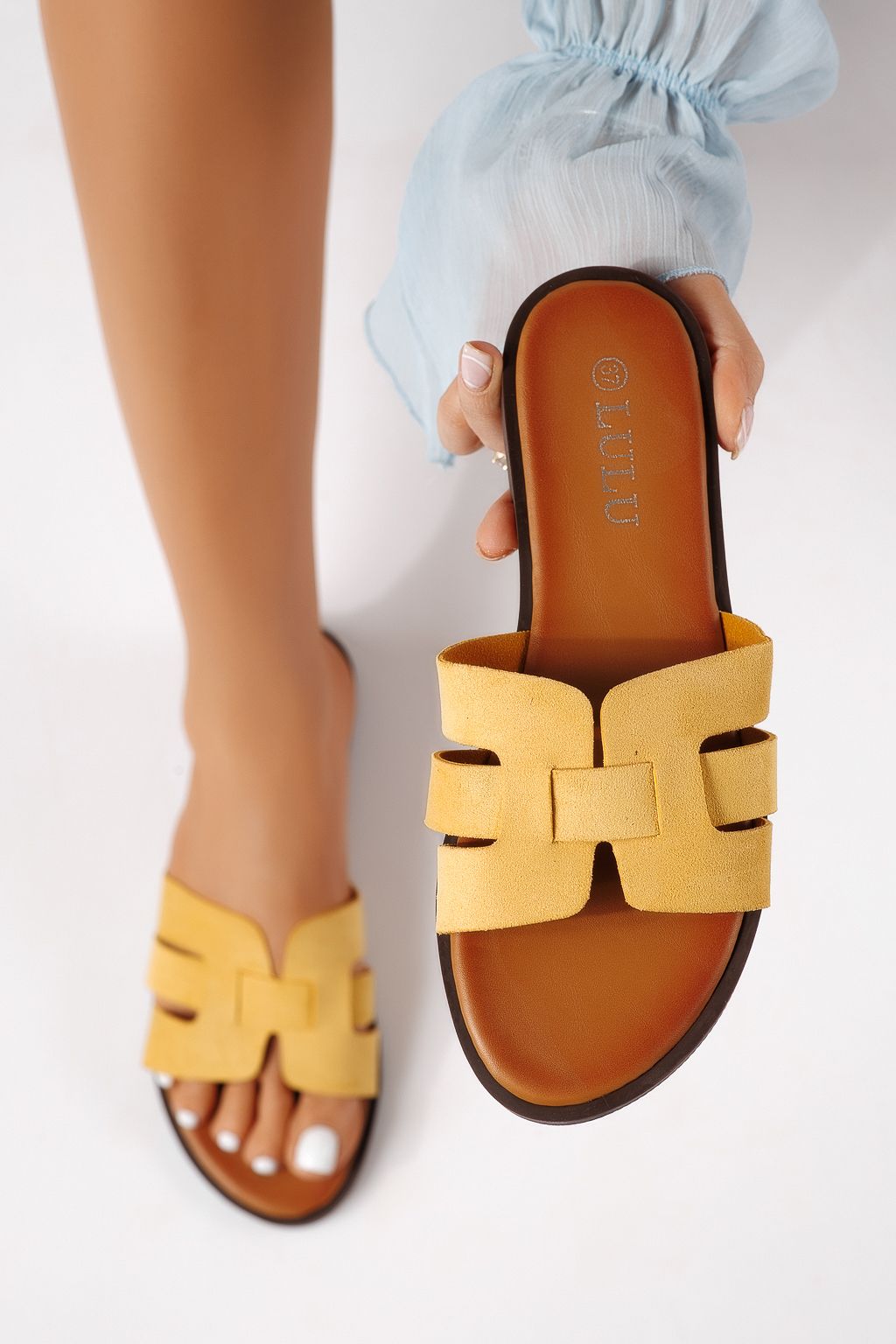 Дамски чехли жълти от обърната еко кожа Odessa #25108