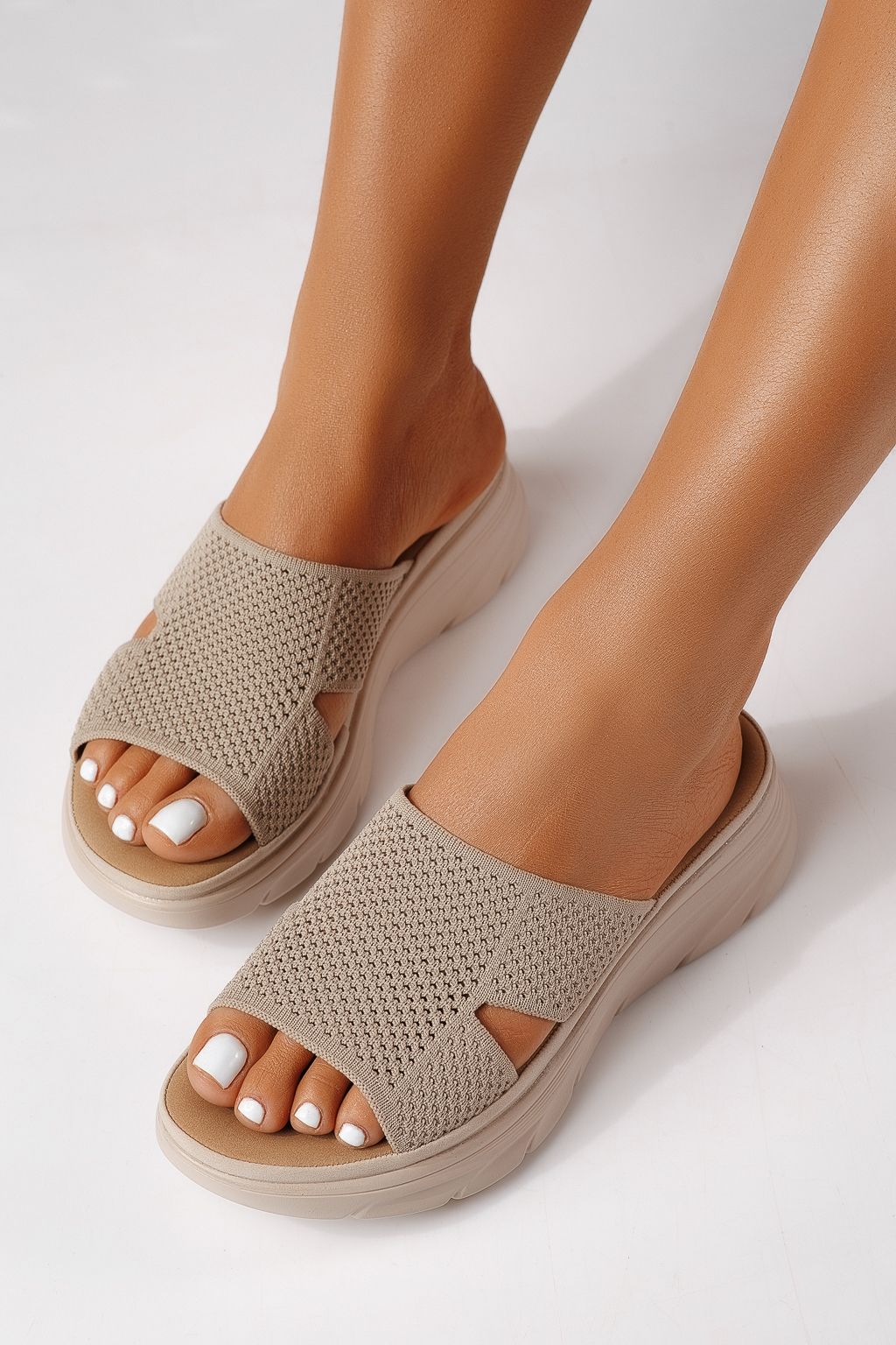 Дамски чехли бежови от текстилен материал Iria #25029