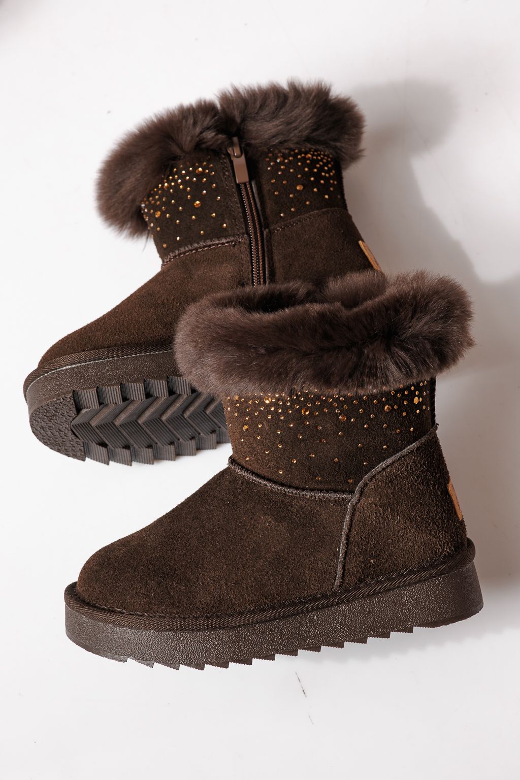 Ватирани боти за момичета тип Ugg кафяви от обърната естествена кожа Katy #30288