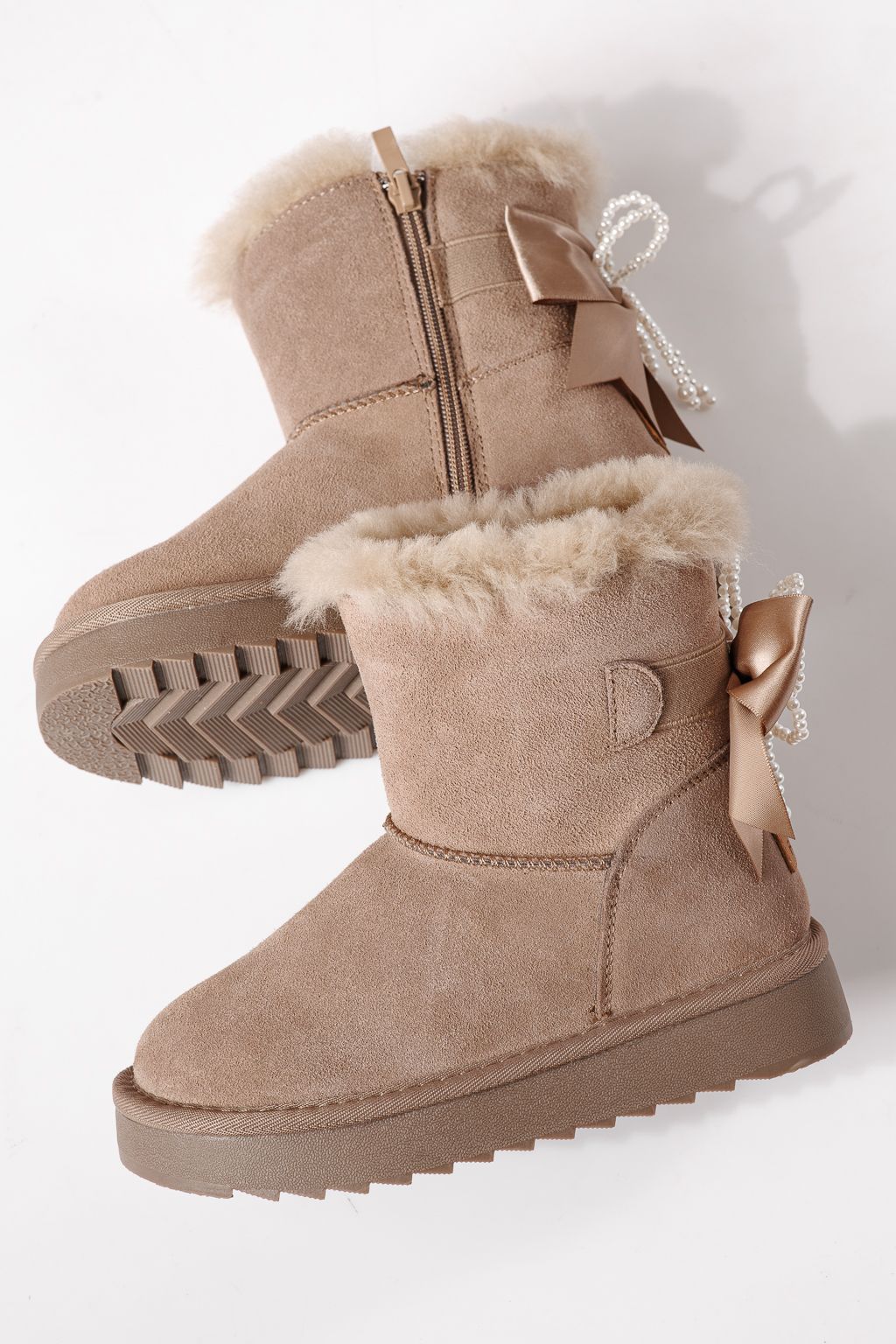 Ватирани боти за момичета тип Ugg бордо от обърната естествена кожа Cora #30295