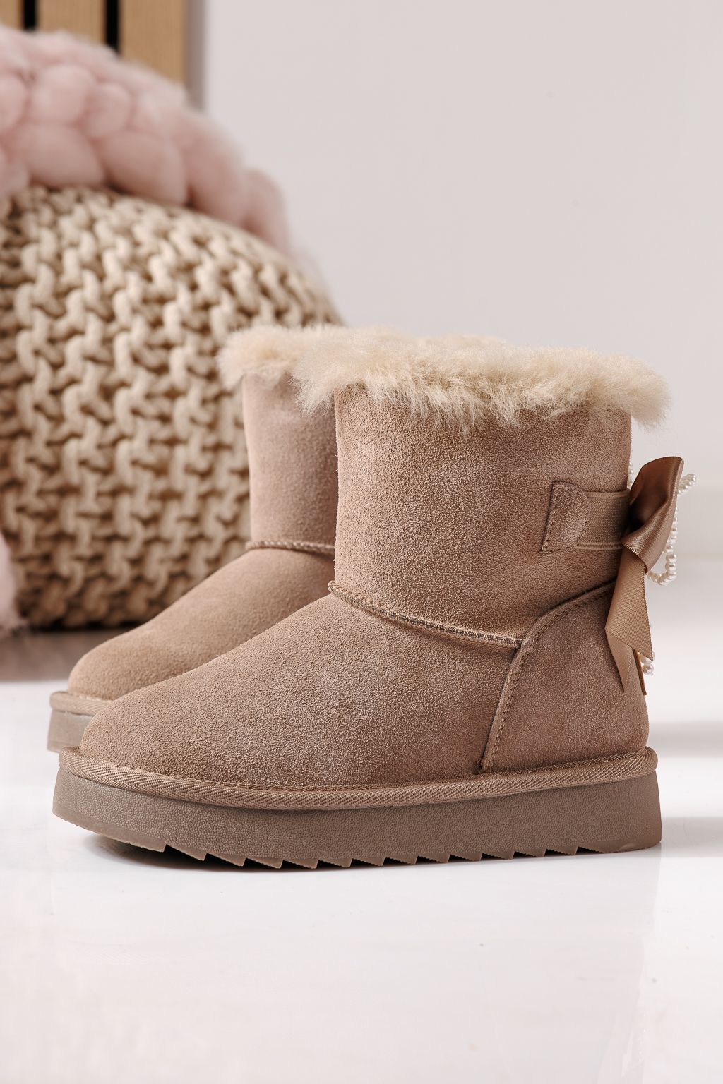Ватирани боти за момичета тип Ugg бордо от обърната естествена кожа Cora #30295