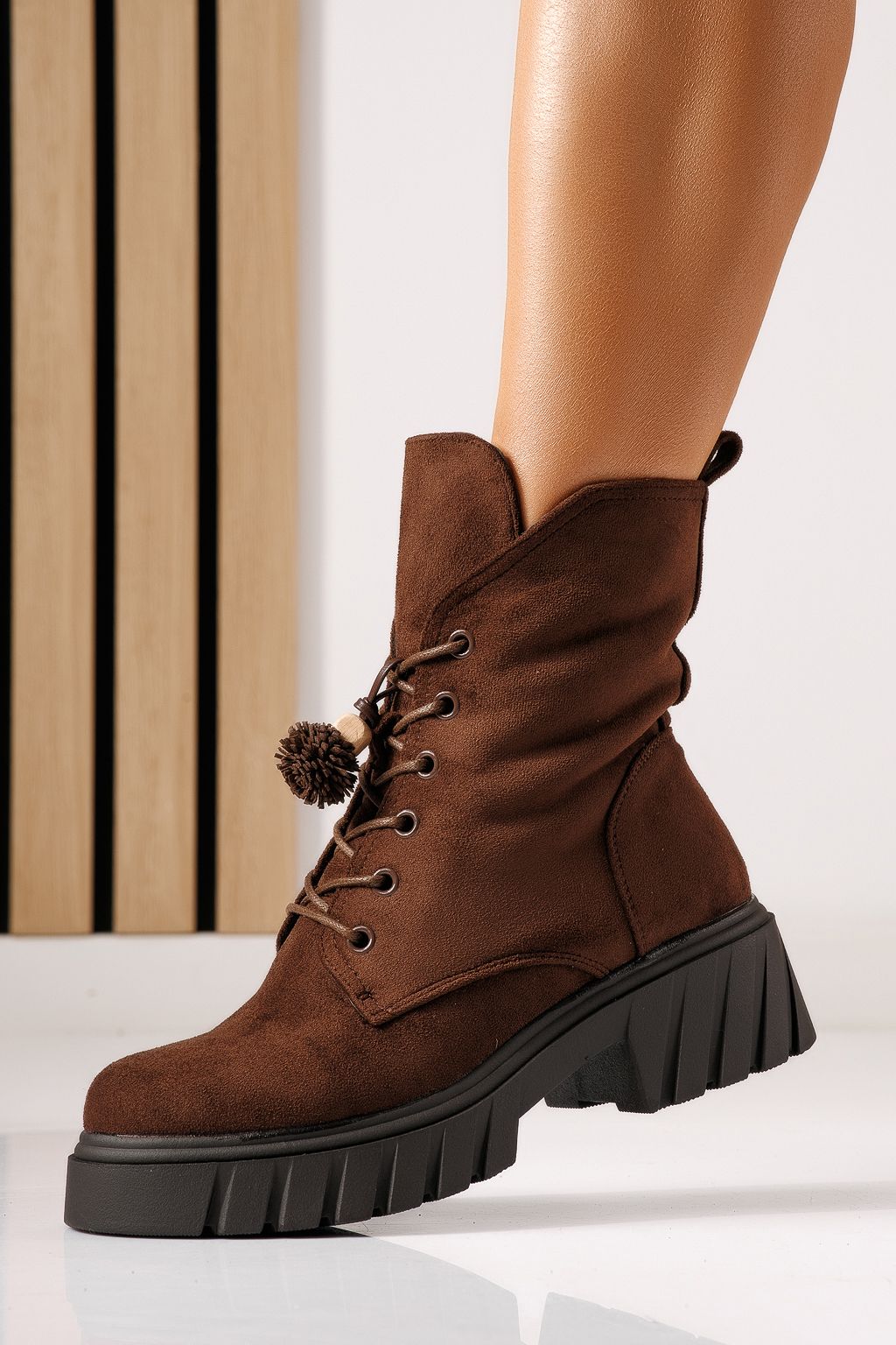 Ватирани дамски боти кафяви от обърната еко кожа Galia #30352