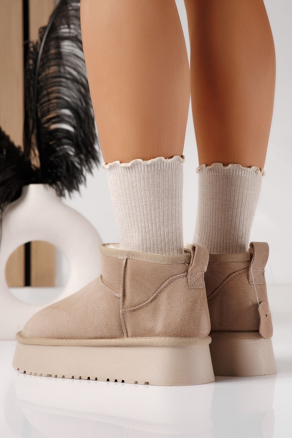 Дамски къси чизми подплатени с пух тип UGG каки от обърната естествена кожа Alina #30560
